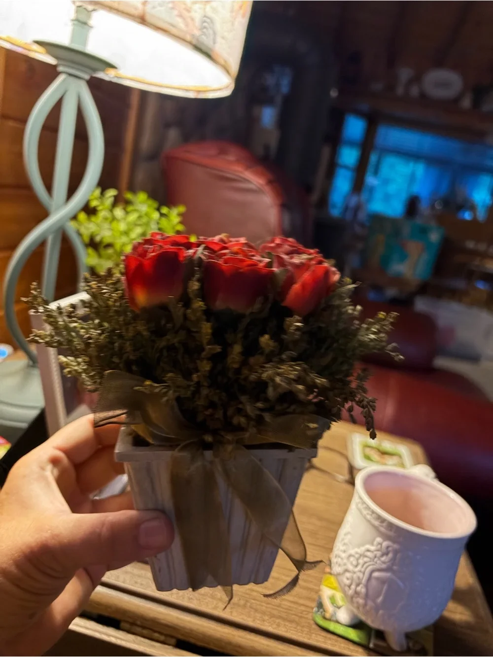 Red Rose Artificial Floral Arrangement in Gray Planter - Unbranded